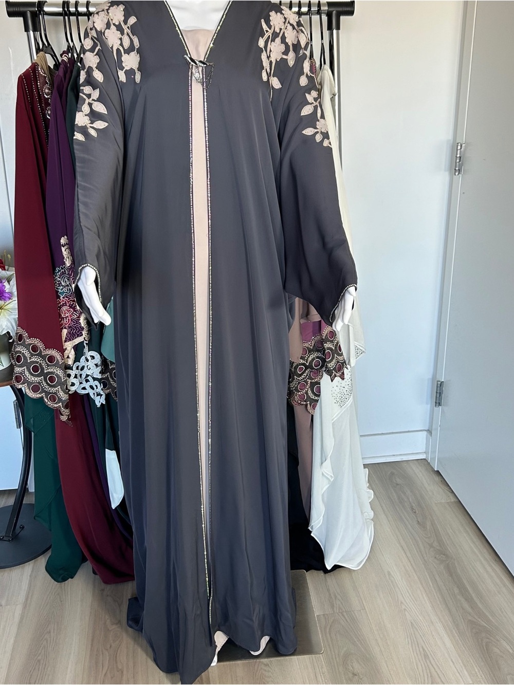 Embellished Gray Maxi Dress with Blush Trim
